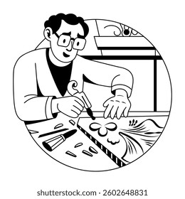 A glyph illustration of a character making design with wood carving technique 