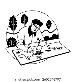 A glyph illustration of a character making leaf artwork 