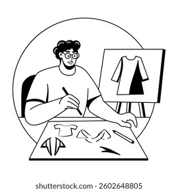 A glyph illustration of a character making shirt painting 