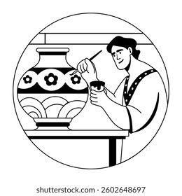 A glyph illustration of a character painting ceramic with different colours 