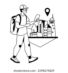 A glyph illustration of a character using navigation app to reach its destination


