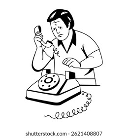 Una ilustración de glifo de un personaje usando un teléfono viejo 
