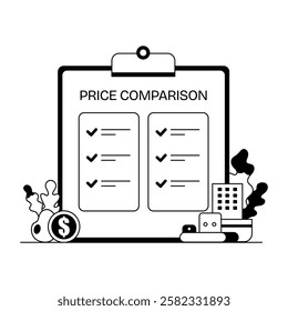 A glyph illustration of a clipboard with a checklist for price comparison