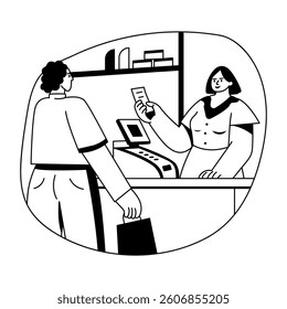 A glyph illustration of customer standing at billing counter 
