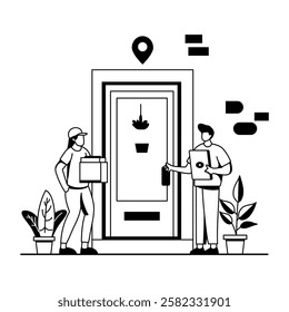 A glyph illustration of a delivery person handing over a package to a customer at their doorstep