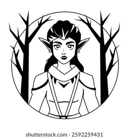 A glyph illustration of elf woman character standing between trees 