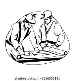 Ilustración de glifo de ingenieros que hacen el plan de construcción 