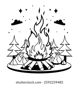 Glyph illustration of firewood under a starry night sky with a crescent moon 