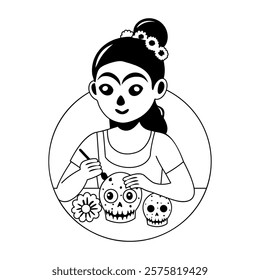 A glyph illustration of a gothic girl painting on skull 