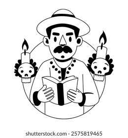 A glyph illustration of a gothic man reading a book 