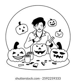 A glyph illustration of halloween pumpkin carving