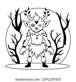 A glyph illustration of horned creature standing in forest 