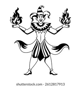 A glyph illustration of a jester performing fire show 
