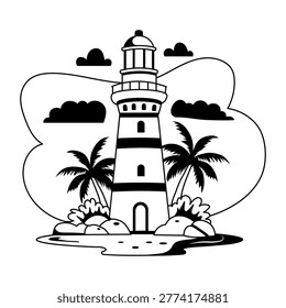 A glyph illustration of lighthouse tower surrounded with palm trees

