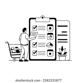 A glyph illustration of a man checking items on a grocery list 