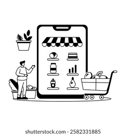 A glyph illustration of a man doing online grocery shopping