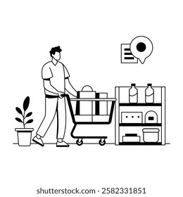 A glyph illustration of man with shopping trolley