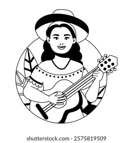 A glyph illustration of a mexican female guitar player 