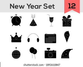 Glyph Illustration Of New Year Icon Set On White Background.