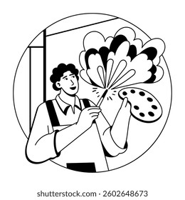 A glyph illustration of a painter holding a palette and paintbrush 
