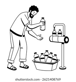 Uma ilustração em glifo de garrafas de enchimento de caracteres pobres com água da torneira 
