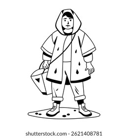 Uma ilustração de glifo de mau caráter vestindo capa de chuva de plástico 
