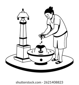 A glyph illustration of poor lady taking water from public fountain 
