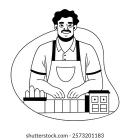 A glyph illustration of a shopkeeper selling things 
