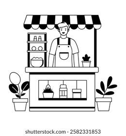 A glyph illustration of a shopkeeper standing on a food stall