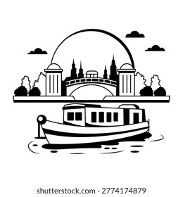 A glyph illustration shows a barge sailing on a river under a bridge in a cityscape

