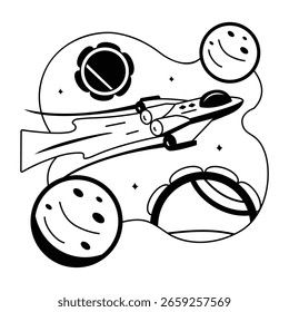 Glifo ilustración de una nave espacial volando entre los planetas 