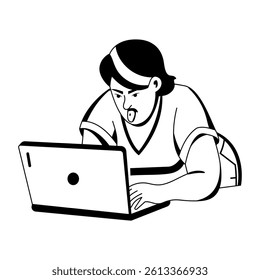 A glyph illustration of tongue out character using laptop 
