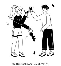 A glyph illustration of two characters doing cheers at a housewarming party 
