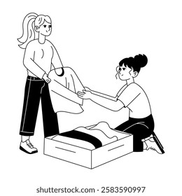 A glyph illustration of two characters packing clothes 

