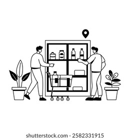 A glyph illustration of two men doing grocery shopping in a supermarket