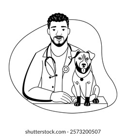 A glyph illustration of a veterinarian with a dog 
