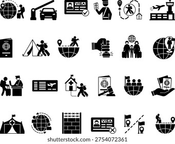 Glyph Migration Icon Set. Vector Icons Emigration, Customs Officer, Border, Airport, Air Ticket, Passport, Refugee, Citizenship, Visa, Asylum, Migrants, and Others