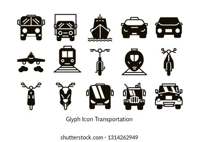 Glyph or Pictogram Transport icons.Bus, motorcycle
automatic, Taxi, Airplane, Public bus, Train, Ship/Ferry and auto signs.Vector as Taxi, Train, Tram and more. 256 x 256 Pixel Perfect. - Vector