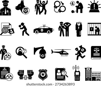 Glyph Police Icon Set. Vector Illustrations: Arrest, Handcuffs, Suspect, Policeman, Police Car, Jail, Taser, Investigate, Detective, Walkie-Talkie, Officer, Thief, Police Station, and More