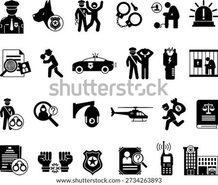 Glyph Police Icon Set. Vector Illustrations: Arrest, Handcuffs, Suspect, Policeman, Police Car, Jail, Taser, Investigate, Detective, Walkie-Talkie, Officer, Thief, Police Station, and More