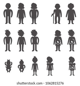 Glyph silhouettes without faces of babies, children, teenagers, man and woman, grandmother and grandfather, third, all in front view