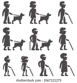 Glyph silhouettes without faces of blind girl and boy, man and woman, grandmother and grandfather with dog and cane, all in side view