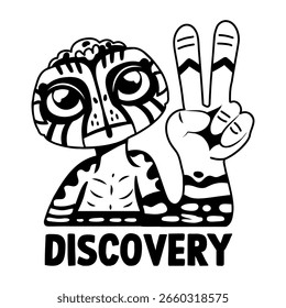 A glyph sticker of alien character doing victory gesture with discovery text 
