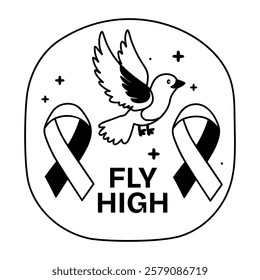 Glyph sticker of a bird flying above two ribbons with text fly high 