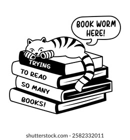 A glyph sticker of a cat lying on a book with bookworm here typography 