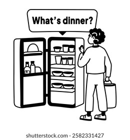 A glyph sticker of a character checking fridge with whats dinner typography 