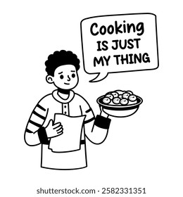 A glyph sticker of a character cooking food with sarcastic typography 