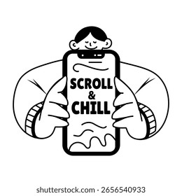 Una pegatina de glifo de un personaje haciendo scrolling en un móvil 