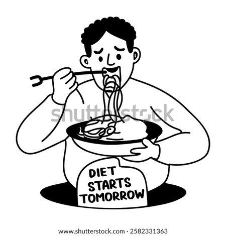 A glyph sticker of a character eating noodles with diet start tomorrow typography