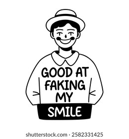 A glyph sticker of a character with fake smile sarcastic typography 